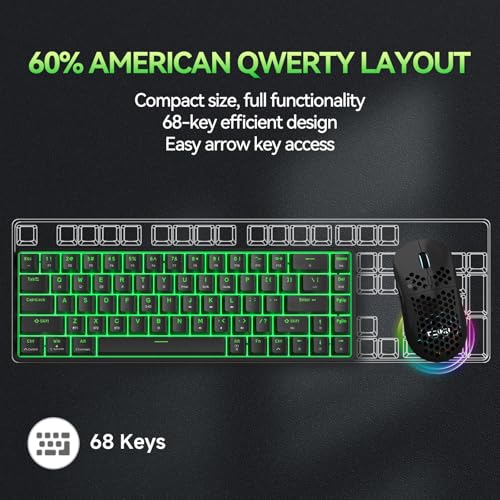 TMKB T68 Kabellose Mechanische Gaming-Tastatur, Tri-Mode (Bluetooth/5.0/2.4GHz/USB-C), 60% RGB Tastatur mit 68 Tasten (QWERTY Layout), Blue Switches - Schwarz Bild 2