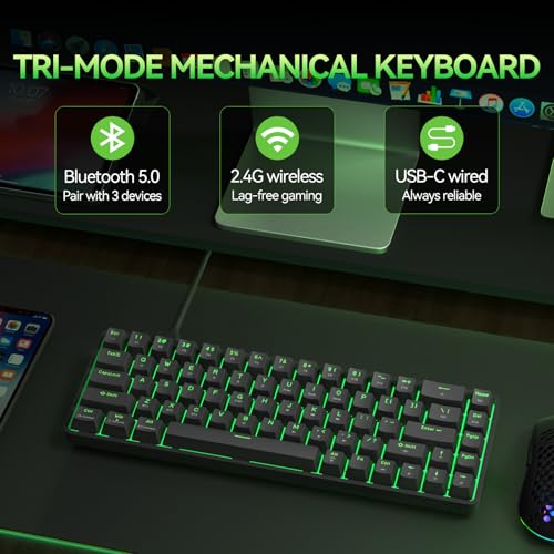 TMKB T68 Kabellose Mechanische Gaming-Tastatur, Tri-Mode (Bluetooth/5.0/2.4GHz/USB-C), 60% RGB Tastatur mit 68 Tasten (QWERTY Layout), Blue Switches - Schwarz Bild 4