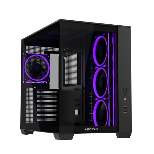 ASUS A32 Plus Black ATX-PC Gehäuse (vorinstallierte ARGB-Lüfter, Panorama-Design, Frontpanel aus Glas, kompatibel mit 360-mm-Radiatoren und 420-mm-Grafikkarten, Frontpanel USB Typ-C, Schwarz) Bild 1