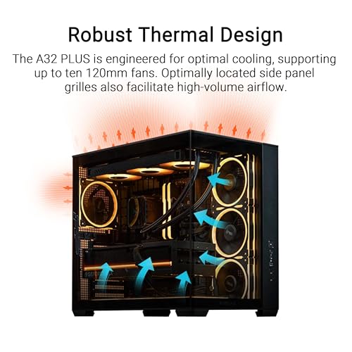 ASUS A32 Plus Black ATX-PC Gehäuse (vorinstallierte ARGB-Lüfter, Panorama-Design, Frontpanel aus Glas, kompatibel mit 360-mm-Radiatoren und 420-mm-Grafikkarten, Frontpanel USB Typ-C, Schwarz) Bild 3