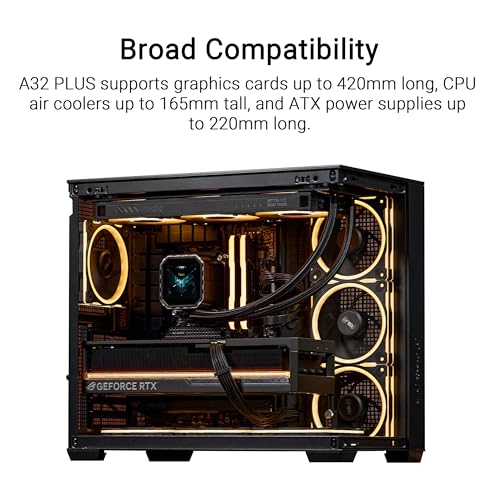 ASUS A32 Plus Black ATX-PC Gehäuse (vorinstallierte ARGB-Lüfter, Panorama-Design, Frontpanel aus Glas, kompatibel mit 360-mm-Radiatoren und 420-mm-Grafikkarten, Frontpanel USB Typ-C, Schwarz) Bild 4
