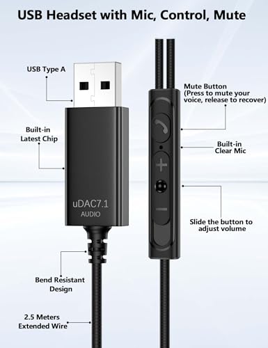 TOPAUX USB-Anschluss Kopfhörer mit Mikrofon für Chromebook PC Laptop Computer, 250CM Langes Kabel Stereo-Headset, Mikrofon mit Rauschunterdrückung,Over-Ear-Kopfhörer für Zoom,Office,Gaming Bild 5