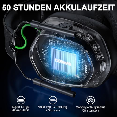 Wireless Gaming Headset für PS5, PS4, PC, Switch, Mobile,Mac, Laptop, 2.4GHz Faltbarer Gaming Bluetooth Headset mit Surround Sound, ENC Noise Cancelling Kopfhörer, LED Licht, 50 Stunden Akkulaufzeit Bild 3