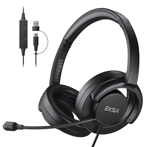EKSA H27 PC Headset mit Mikrofon, Open-Ear Headset mit Kabel, Headset mit Geräuschunterdrückung, USB-C & USB-A Klinkenstecker Headphone, Over-Ear Headset für Laptop/Büro/Callcenter/Teams Bild 1
