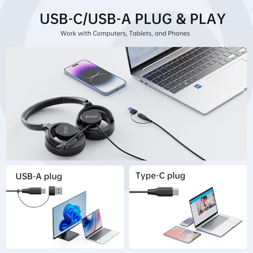 EKSA H27 PC Headset mit Mikrofon, Open-Ear Headset mit Kabel, Headset mit Geräuschunterdrückung, USB-C & USB-A Klinkenstecker Headphone, Over-Ear Headset für Laptop/Büro/Callcenter/Teams Bild 4