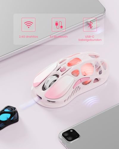GravaStar Mercury M1 Pro Wireless Gaming Maus, Leichtes Magnesium Gaming Mouse, 26.000 DPI, PAW3395DM, 5 Programmierbare Tasten, 2.4GHz/BT/Kabel(Farbverlauf Rosa) Bild 4