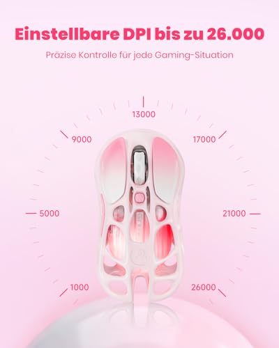 GravaStar Mercury M1 Pro Wireless Gaming Maus, Leichtes Magnesium Gaming Mouse, 26.000 DPI, PAW3395DM, 5 Programmierbare Tasten, 2.4GHz/BT/Kabel(Farbverlauf Rosa) Bild 5