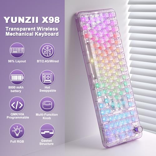 YUNZII X98 QMK/VIA Kabellose mechanische Gaming-Tastatur, Tri-Mode BT5.0/USB-C/2,4 GHz Hot-Swap-fähige Tastatur, vorgeschmierte Schalter, RGB-Hintergrundbeleuchtung (Purple, Crystal Switch) Bild 2