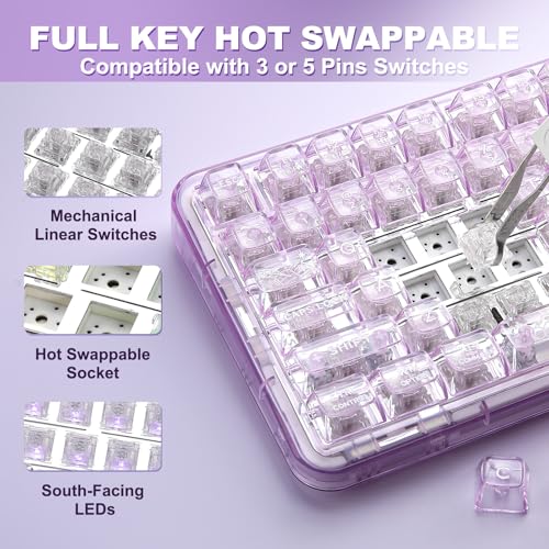 YUNZII X98 QMK/VIA Kabellose mechanische Gaming-Tastatur, Tri-Mode BT5.0/USB-C/2,4 GHz Hot-Swap-fähige Tastatur, vorgeschmierte Schalter, RGB-Hintergrundbeleuchtung (Purple, Crystal Switch) Bild 5