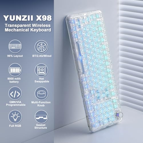 YUNZII X98 QMK/VIA Kabellose mechanische Gaming-Tastatur, Tri-Mode BT5.0/USB-C/2,4 GHz Hot-Swap-fähige Tastatur, vorgeschmierte Schalter, RGB-Hintergrundbeleuchtung (White, Crystal Switch) Bild 2