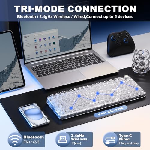 YUNZII X98 QMK/VIA Kabellose mechanische Gaming-Tastatur, Tri-Mode BT5.0/USB-C/2,4 GHz Hot-Swap-fähige Tastatur, vorgeschmierte Schalter, RGB-Hintergrundbeleuchtung (White, Crystal Switch) Bild 3
