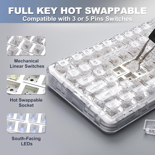YUNZII X98 QMK/VIA Kabellose mechanische Gaming-Tastatur, Tri-Mode BT5.0/USB-C/2,4 GHz Hot-Swap-fähige Tastatur, vorgeschmierte Schalter, RGB-Hintergrundbeleuchtung (White, Crystal Switch) Bild 5