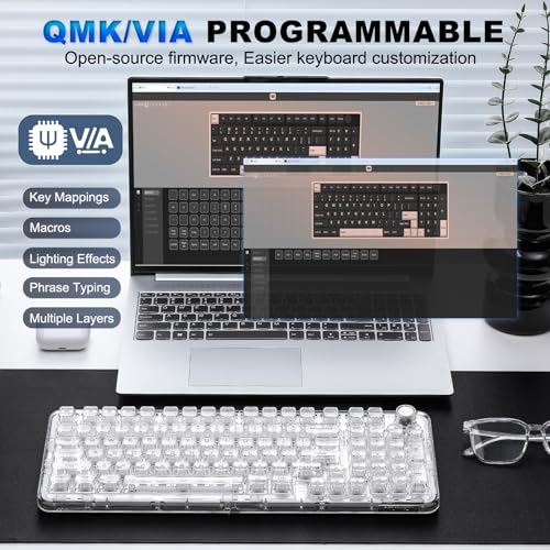 YUNZII X98 QMK/VIA Kabellose mechanische Gaming-Tastatur, Tri-Mode BT5.0/USB-C/2,4 GHz Hot-Swap-fähige Tastatur, vorgeschmierte Schalter, RGB-Hintergrundbeleuchtung (White, Crystal Switch) Bild 6