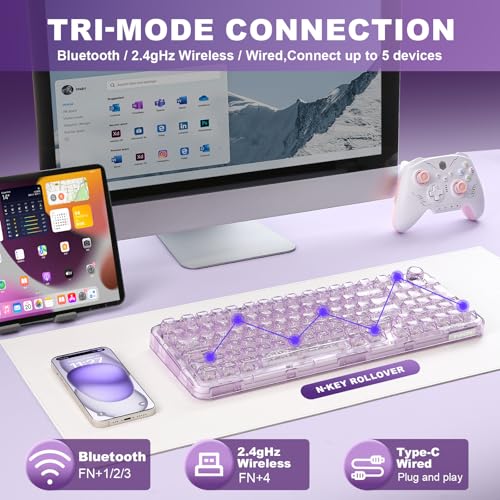 YUNZII X98 QMK/VIA Kabellose mechanische Gaming-Tastatur, Tri-Mode BT5.0/USB-C/2,4 GHz Hot-Swap-fähige Tastatur, vorgeschmierte Schalter, RGB-Hintergrundbeleuchtung (Purple, Snow Switch) Bild 3