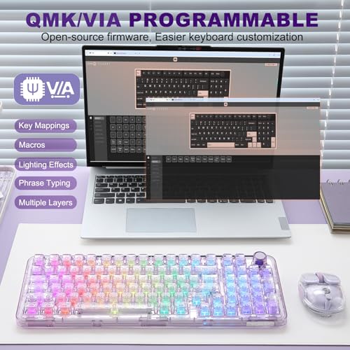YUNZII X98 QMK/VIA Kabellose mechanische Gaming-Tastatur, Tri-Mode BT5.0/USB-C/2,4 GHz Hot-Swap-fähige Tastatur, vorgeschmierte Schalter, RGB-Hintergrundbeleuchtung (Purple, Snow Switch) Bild 6