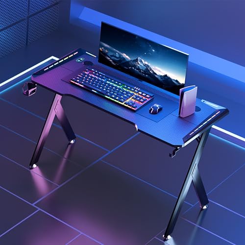 Gaming-Schreibtisch, 140 cm, Karbonfaser-Computertisch mit Metallrahmen, Getränkehalter und Headset-Haken, perfekt für Heimbüro und Gaming-Setup Bild 2