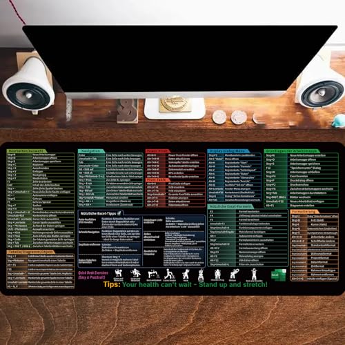 Mauspad XXL, Excel Shortcuts Schreibtischunterlage Deutsch, Großes 900x400mm Desk Mat, Multifunktional Komfortabel Gaming Mousepad mit Word-PPT-Windows für Büro, Gaming und Zuhause Desktop(Schwarz) Bild 2