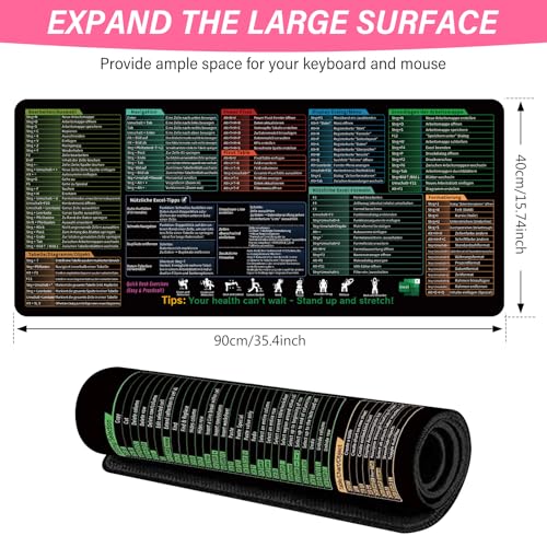 Mauspad XXL, Excel Shortcuts Schreibtischunterlage Deutsch, Großes 900x400mm Desk Mat, Multifunktional Komfortabel Gaming Mousepad mit Word-PPT-Windows für Büro, Gaming und Zuhause Desktop(Schwarz) Bild 3