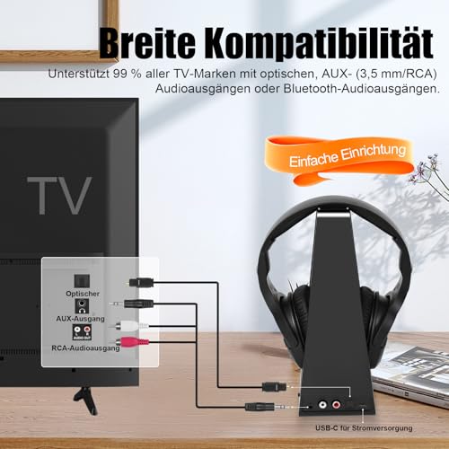 Kabellose TV-Kopfhörer mit Ladestation, kabelloser Kopfhörer zum Fernsehen, große Lautstärkeregler und Klangverstärkung für ältere Menschen, leichter und bequemer Kopfhörer Bild 3
