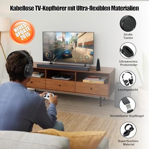 Kabellose TV-Kopfhörer mit Ladestation, kabelloser Kopfhörer zum Fernsehen, große Lautstärkeregler und Klangverstärkung für ältere Menschen, leichter und bequemer Kopfhörer Bild 4
