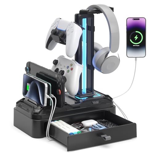 KDD Gaming Kopfhörer Ständer Led mit USB A Typ-C Ladegeräten, Headset Halterung Tisch & Abnehmbar Controller Halter mit Schublade Geräteschlitz für Handy Tablet, Headset Ständer für PC Gaming Zubehör Bild 1