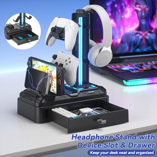 KDD Gaming Kopfhörer Ständer Led mit USB A Typ-C Ladegeräten, Headset Halterung Tisch & Abnehmbar Controller Halter mit Schublade Geräteschlitz für Handy Tablet, Headset Ständer für PC Gaming Zubehör Bild 2