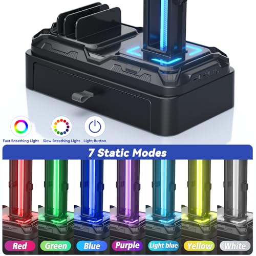 KDD Gaming Kopfhörer Ständer Led mit USB A Typ-C Ladegeräten, Headset Halterung Tisch & Abnehmbar Controller Halter mit Schublade Geräteschlitz für Handy Tablet, Headset Ständer für PC Gaming Zubehör Bild 3