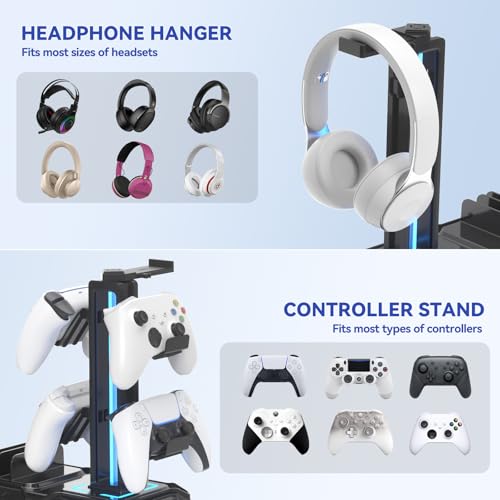 KDD Gaming Kopfhörer Ständer Led mit USB A Typ-C Ladegeräten, Headset Halterung Tisch & Abnehmbar Controller Halter mit Schublade Geräteschlitz für Handy Tablet, Headset Ständer für PC Gaming Zubehör Bild 5