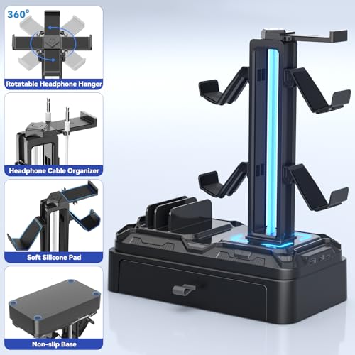 KDD Gaming Kopfhörer Ständer Led mit USB A Typ-C Ladegeräten, Headset Halterung Tisch & Abnehmbar Controller Halter mit Schublade Geräteschlitz für Handy Tablet, Headset Ständer für PC Gaming Zubehör Bild 6