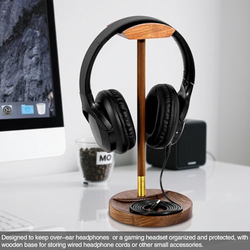 Headphone Stand für Schreibtisch, massiver Holz Gaming-Headset-Ständer, Holz-Headphone-Halter mit Stauraum für AirPods Max und mehr Bild 2