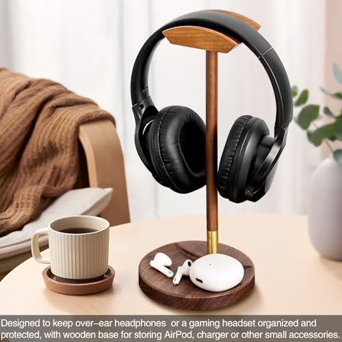 Headphone Stand für Schreibtisch, massiver Holz Gaming-Headset-Ständer, Holz-Headphone-Halter mit Stauraum für AirPods Max und mehr Bild 3