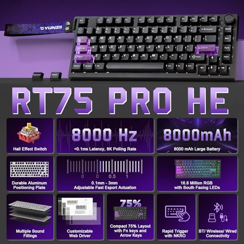 YUNZII RT75 PRO Drahtlose Gaming-Tastatur, Hall-Effekt Mechanische Rapid-Trigger Tastatur Bluetooth/USB-C/2.4G 8KHz Abtastrate &128K Scan, Einstellbarer Drehknopf, RGB (Schwarz, Magnetic Red Switch) Bild 2