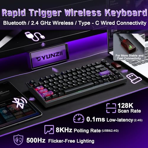 YUNZII RT75 PRO Drahtlose Gaming-Tastatur, Hall-Effekt Mechanische Rapid-Trigger Tastatur Bluetooth/USB-C/2.4G 8KHz Abtastrate &128K Scan, Einstellbarer Drehknopf, RGB (Schwarz, Magnetic Red Switch) Bild 3