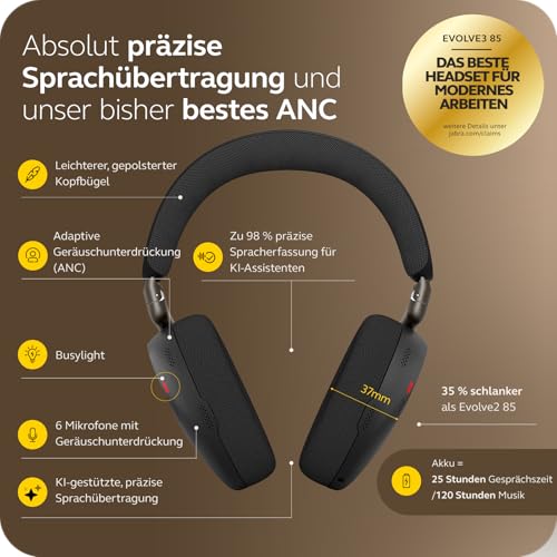 Jabra Evolve3 85 Over-Ear Bluetooth Headset kabellos mit Mikrofon & Ladestation für Büro, USB-C, KI-Sprachanruf, Adaptive ANC, 25h Akku, für Meeting-Apps, Schwarz Bild 2