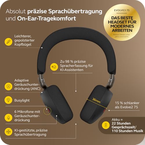 Jabra Evolve3 75 On-Ear Bluetooth Headset kabellos mit Mikrofon für Büro, USB-A, KI-Sprachanruf, Erweiterte Aktive Geräuschunterdrückung, 22h Akku, MS Teams Zertifiziert, Schwarz Bild 2