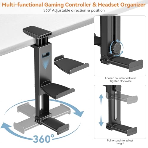 Kosker Verstellbare Headset Halterung & Controller Halter, Tisch- oder Untertischhalterung, kompatibel mit PS5, Xbox, Nintendo Switch, 360° drehbarer Organizer für Gaming Zubehör Bild 2
