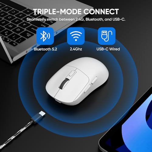 MELOGAGA Kabellose Gaming-Maus mit 3 Modi, 2,4 G/Bluetooth 5.4/USB-C-Spielmäuse mit 8 einstellbaren DPI, ergonomische, wiederaufladbare Computermaus für PC, Mac, PS5, Tablet, Weiß Bild 2