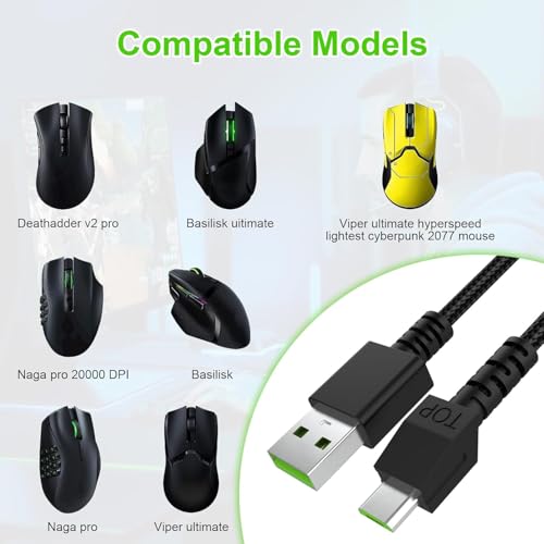 Toxaoii 1,8M USB-Kabel Micro-USB-Ladekabel Kompatibel mit Razer Viper Ultimate, Basilisk Ultimate, Naga Pro 20000 DPI, DeathAdder V2 Pro Gaming-Maus-Ersatzkabel mit Nylonummantelung (Schwarz) Bild 2
