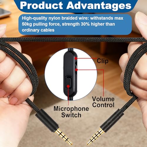 GEU Headset Kabel 2m für G433 G233 G Pro X, Geflochtenes Ersatz Audio Kabel 3,5mm Klinke mit Lautstärkeregler & Stummschaltung, Rauschfrei Langlebig für PC, PS5, Xbox, Switch Bild 5