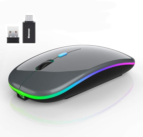 Maus Kabellos, 2,4 GHz-USB funkmaus, Bluetooth Maus, 1600 DPI Optical Tracking, Wiederaufladbare LED-Dual-Modus Mouse für Laptop, PC, iOS, Android, iPad, Windows - grau Bild 1