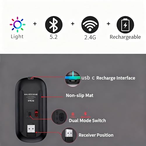 Maus Kabellos, 2,4 GHz-USB funkmaus, Bluetooth Maus, 1600 DPI Optical Tracking, Wiederaufladbare LED-Dual-Modus Mouse für Laptop, PC, iOS, Android, iPad, Windows - grau Bild 2