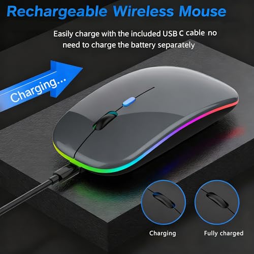Maus Kabellos, 2,4 GHz-USB funkmaus, Bluetooth Maus, 1600 DPI Optical Tracking, Wiederaufladbare LED-Dual-Modus Mouse für Laptop, PC, iOS, Android, iPad, Windows - grau Bild 3