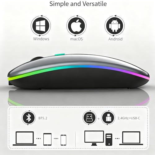 Maus Kabellos, 2,4 GHz-USB funkmaus, Bluetooth Maus, 1600 DPI Optical Tracking, Wiederaufladbare LED-Dual-Modus Mouse für Laptop, PC, iOS, Android, iPad, Windows - grau Bild 6