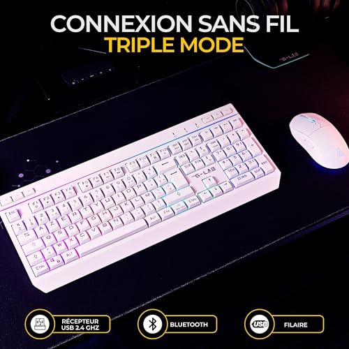 The G-Lab - Combo Tungsten EX – kabellose Tastatur – Dreifache Verbindung 2,4 GHz/BT/kabelgebunden – Gaming-Tastatur AZERTY FR, RGB & Custom Makros – kabellose Gaming-Maus 6400 dpi – PC/PS4/PS5 (weiß) Bild 3