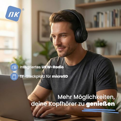 NK Kabellose Bluetooth Over-Ear Kopfhörer - Leicht & Bequem, FM/TF, 4 Std Laufzeit, 2 Std Laden, Schwarz Bild 5