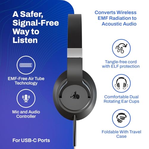 DefenderShield Over-Ear Air Tube Kopfhörer E M F Free - USB-C Wired Design für reduzierten drahtlosen Signalkontakt - Integriertes Mikrofon & Audiosteuerung - Faltbare Airtube Kopfhörer mit Reiseetui Bild 2