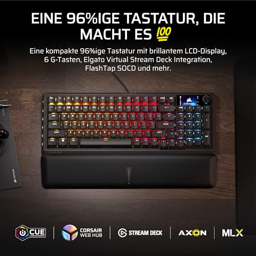 Corsair Vanguard 96 Kabelgebundene Mechanische Gaming-Tastatur– 96% Layout, MLX Plasma-Linearschalter, 8000Hz-Polling, LCD-Display, Virtual Stream Deck, G-Tasten, SOCD Flashtap, QWERTZ DE – Schwarz Bild 2