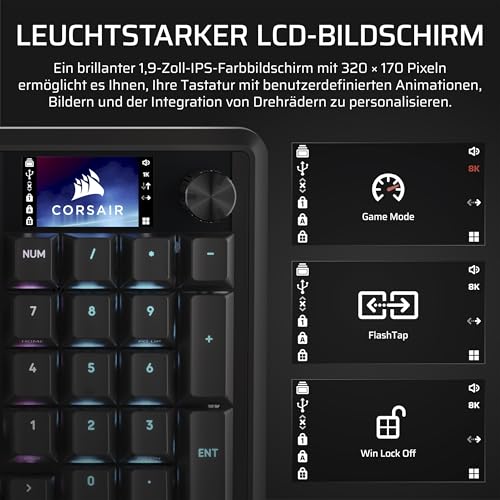 Corsair Vanguard 96 Kabelgebundene Mechanische Gaming-Tastatur– 96% Layout, MLX Plasma-Linearschalter, 8000Hz-Polling, LCD-Display, Virtual Stream Deck, G-Tasten, SOCD Flashtap, QWERTZ DE – Schwarz Bild 6