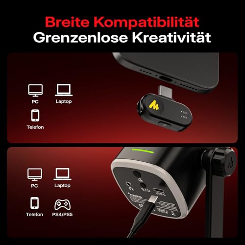 MAONO PD100W Kabelloses Gaming Mikrofon, 2.4GHz Wireless & USB Dynamisches PC Mikrofon mit ENC Rauschunterdrückung & Software für Streaming, Recording, Podcast für Computer, PS4/5, Smartphone, Schwarz Bild 3