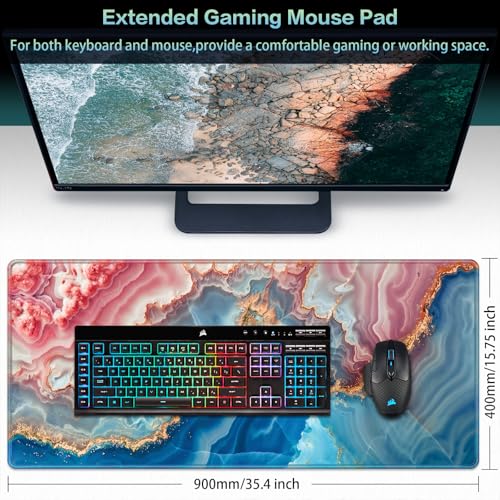Abetcabe Mauspad XXL, Mousepad 900 x 400mm, Marmor Mauspad Gaming groß schreibtischunterlage Vernähte Kanten WassXerdicht Anti-Rutsch für PC, Laptop, Maus und Tastatur Bild 2
